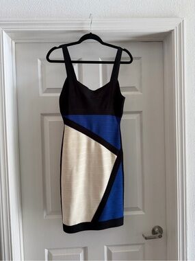 Hervé Léger Colorblock Bandage Dress Blue Black White Size M